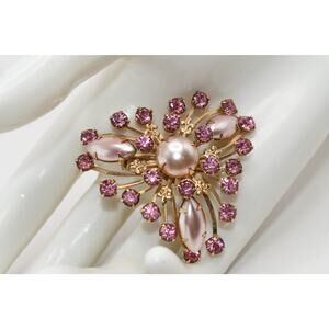 Vintage Pink Rhinestone Faux Pearl Brooch 3D Gold Tone 1950s